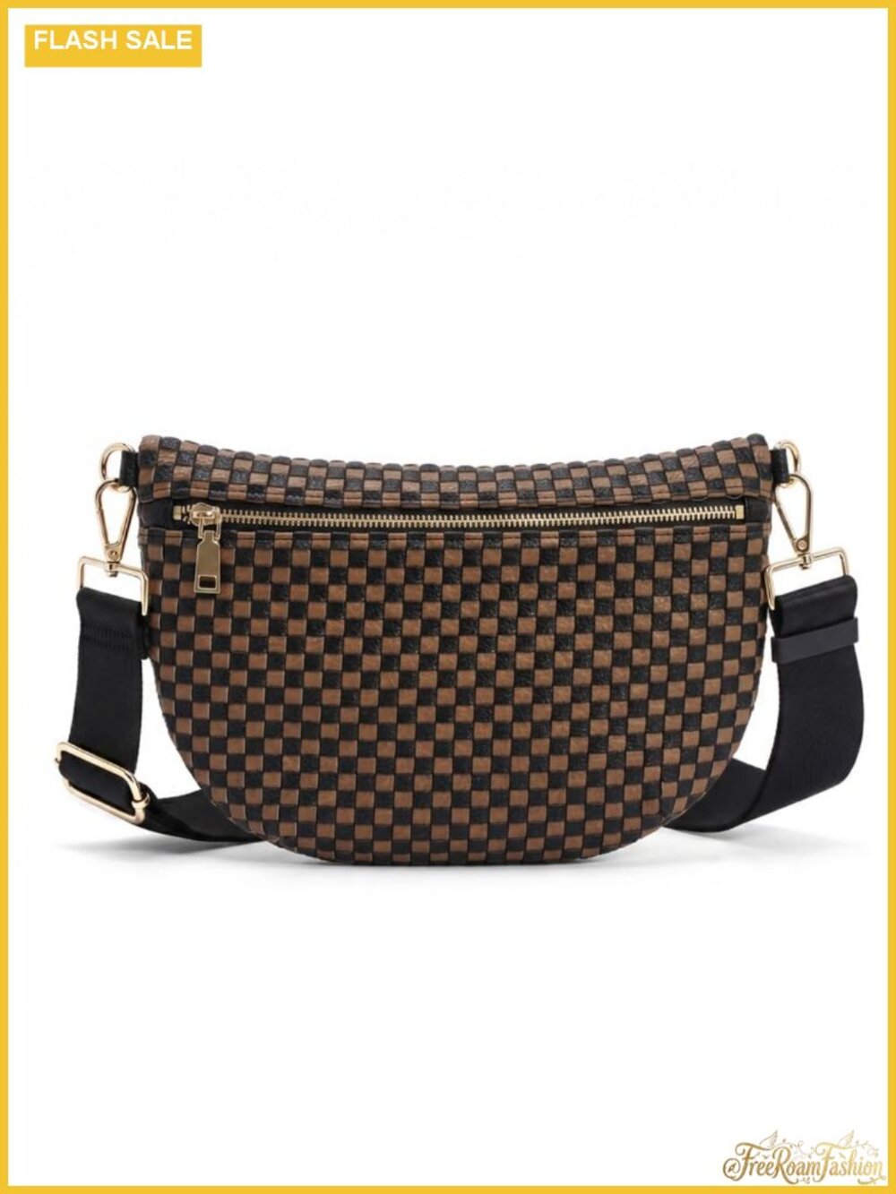 Woven Checkered Crossbody Bag Vegan Leather Adjustable Strap Sling Purse